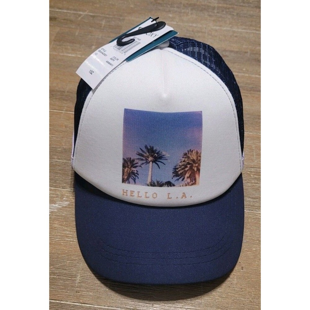 New ROXY Trucker Hat Hello LA Los Angeles Palm Trees Navy Purple Snapback Wmn's